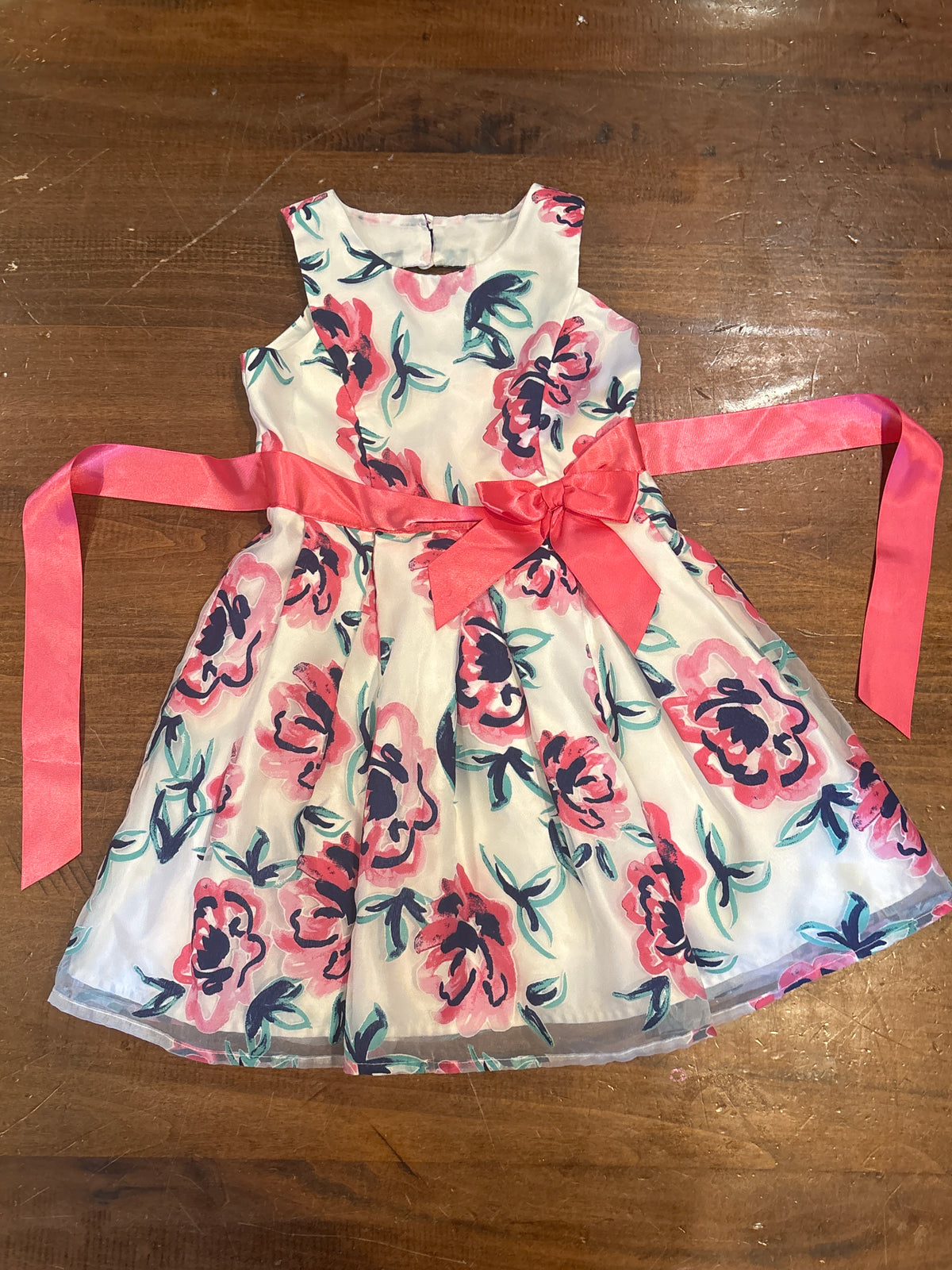 White Dress with Pink Tie Bow EUC - size Youth - 4 (XS)