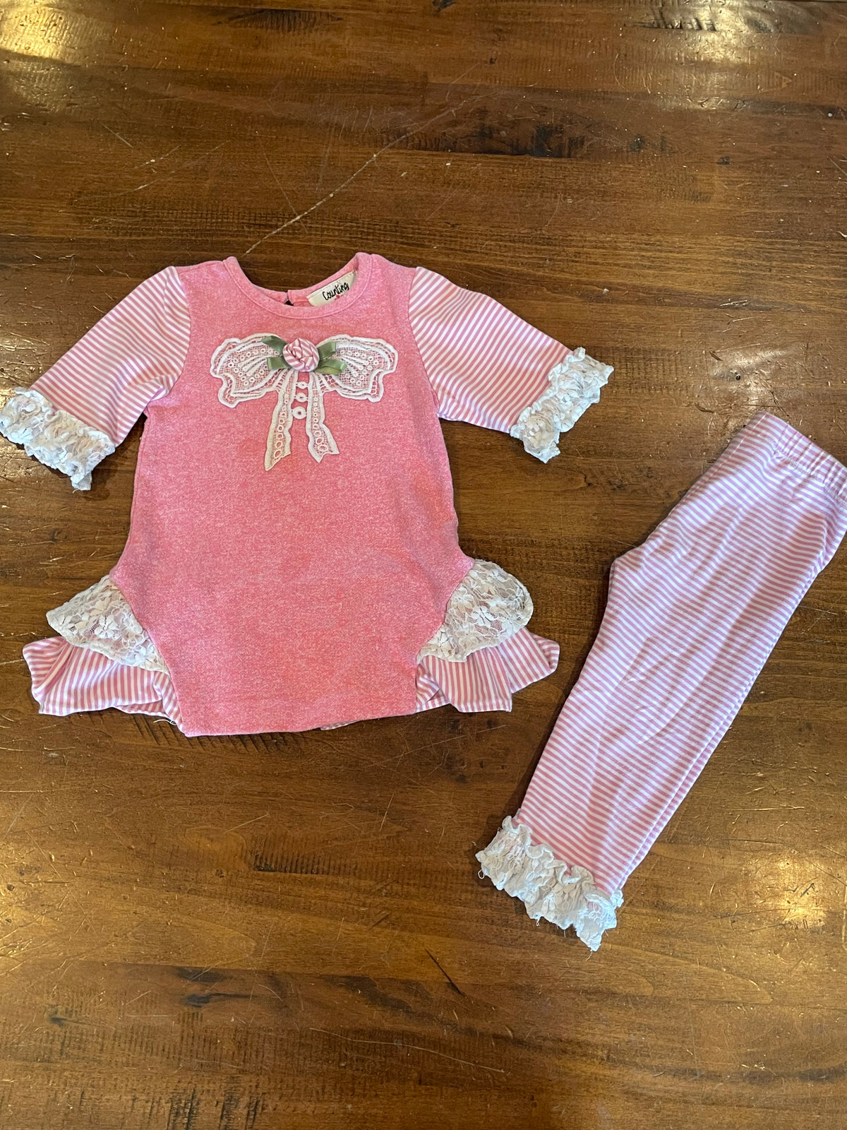 Pink/White Stripe Bow LS/Pants - size Month - 18-24 / 24M