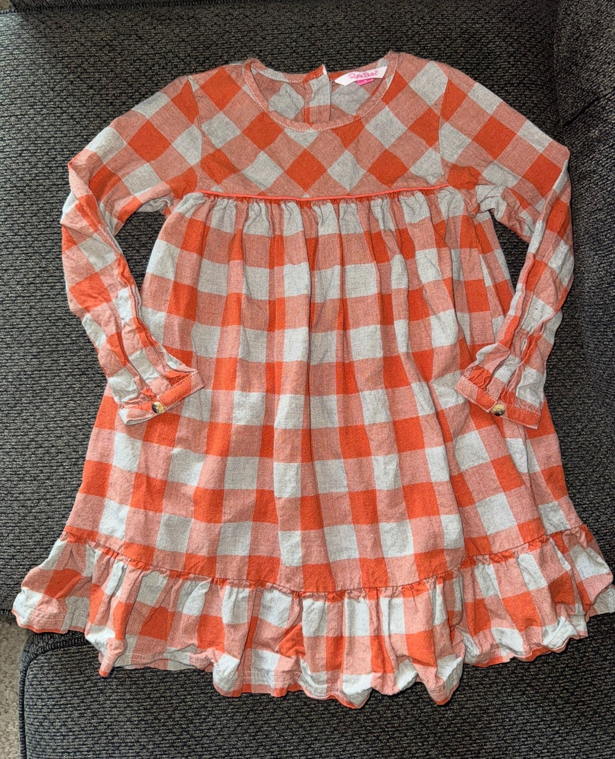 Rufflebutts dress Orange/grey plaid - size Youth - 6 (S)