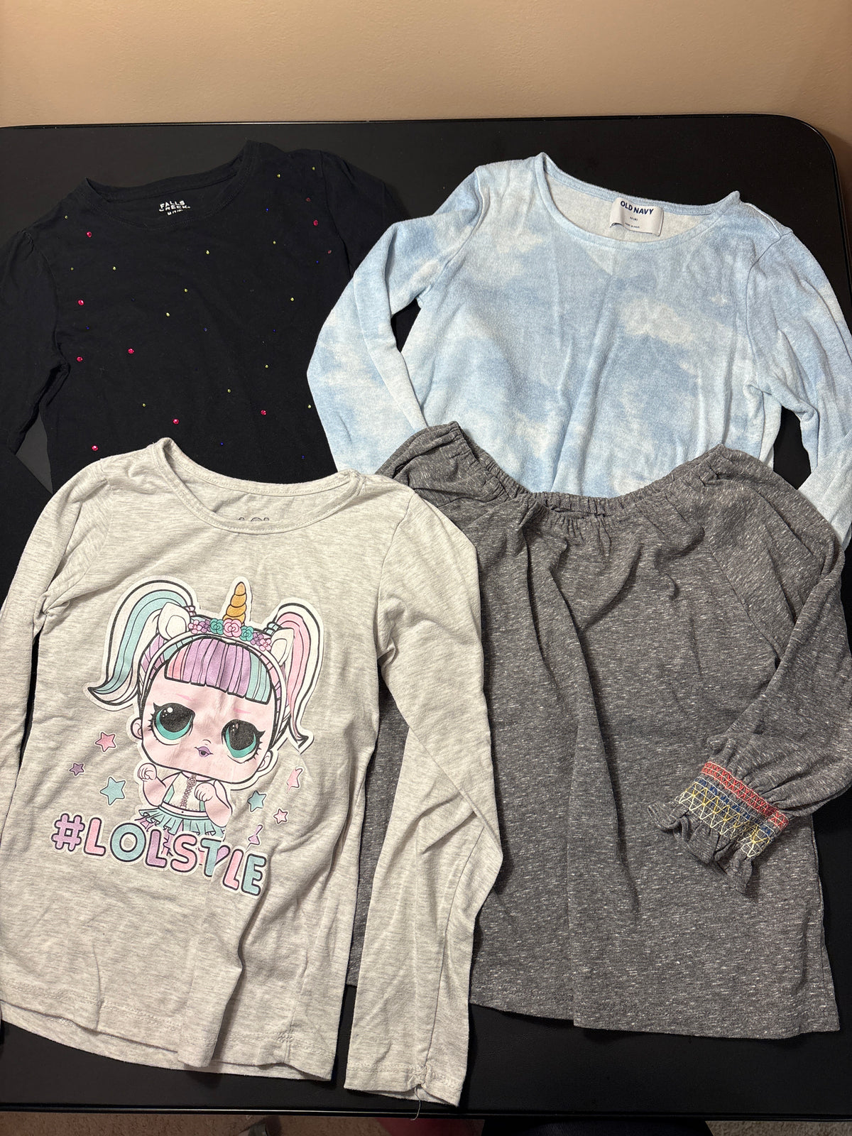 4 LS tops- black, blue, grey, & LOL doll - size Youth - 8 (M)