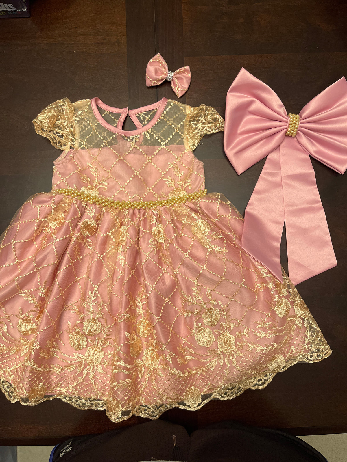 Fancy mauve/gold dress, hair bow, like new - size Month - 18-24 / 24M