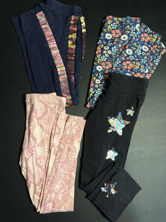 Set of 4 leggings (M) floral, snake, 2 sequin - size Youth - 8 (M)