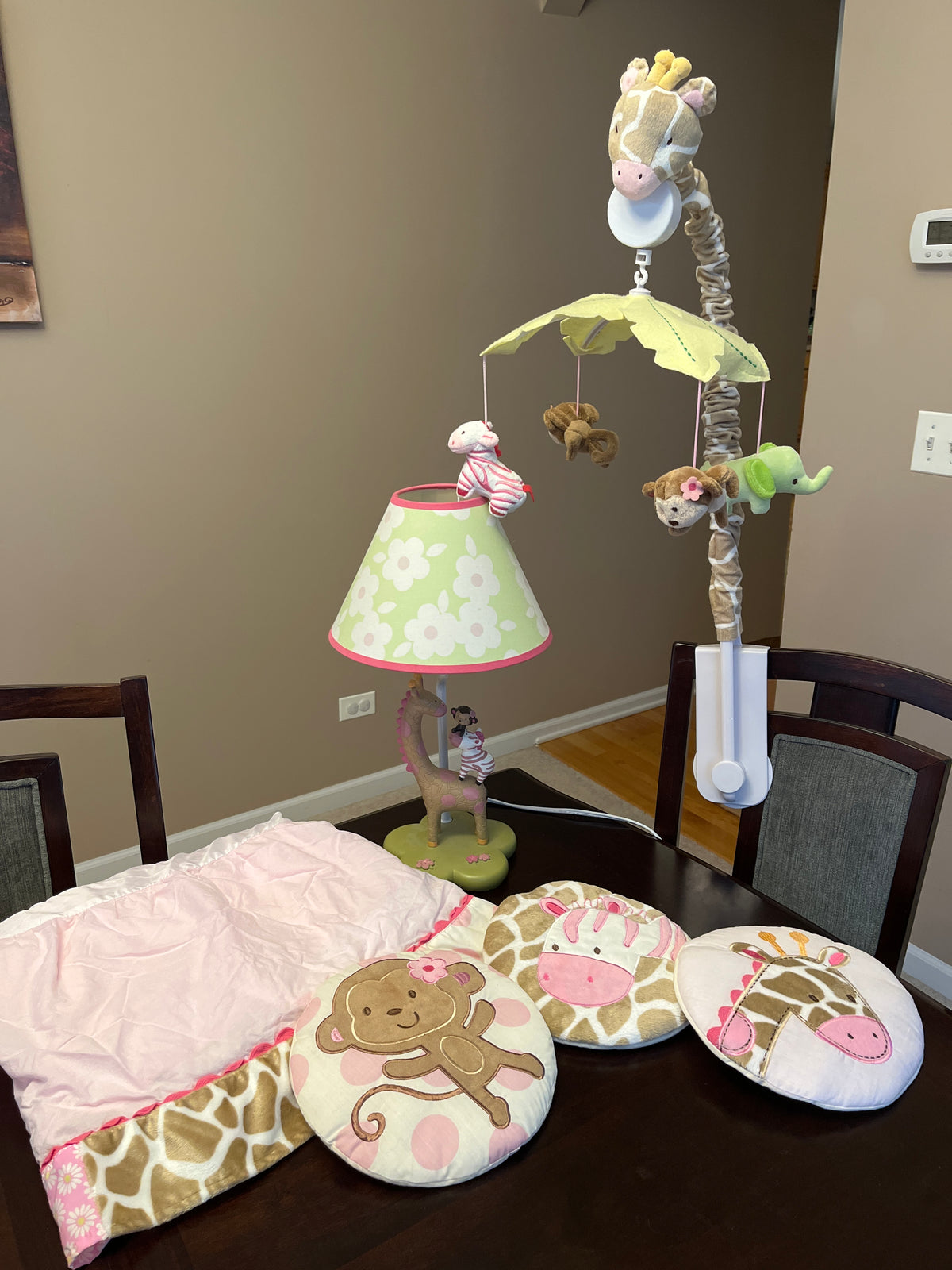Nursery decor- jungle safari pink mobile&lamp