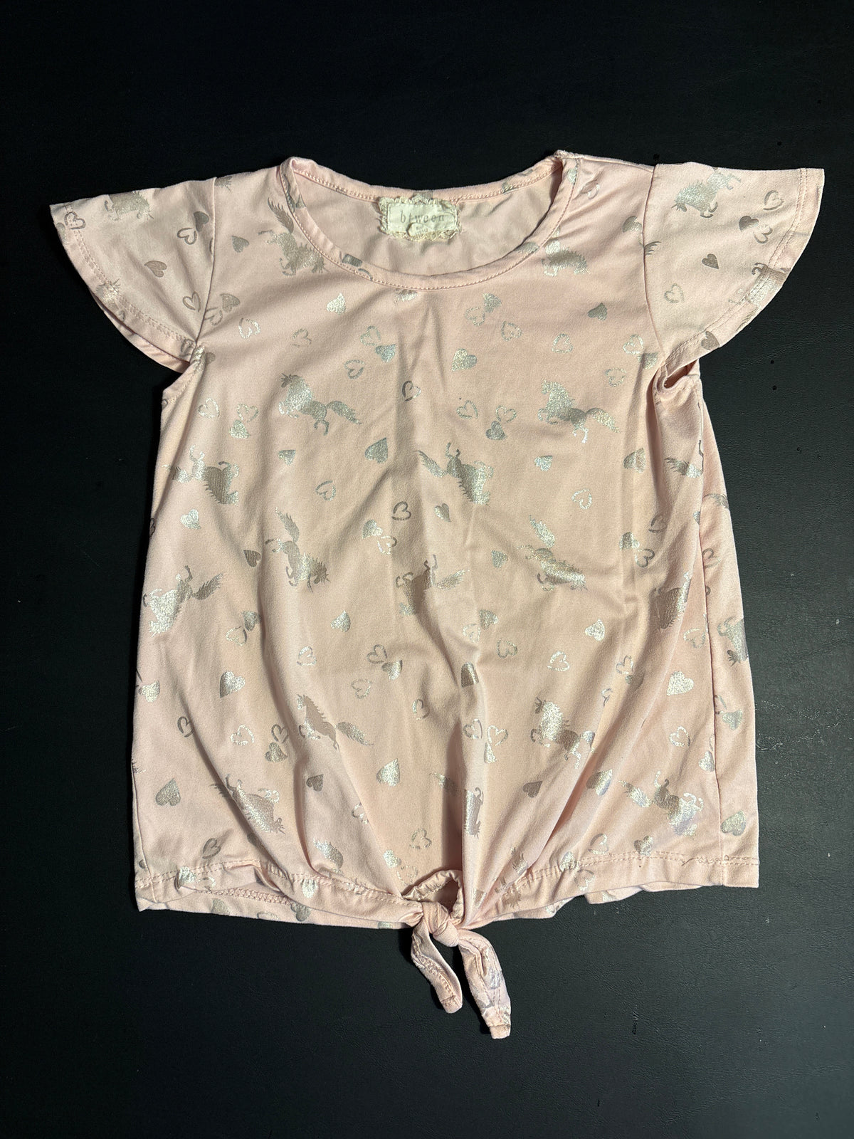 Pink unicorn tie front SS shirt - size Youth - 8 (M)