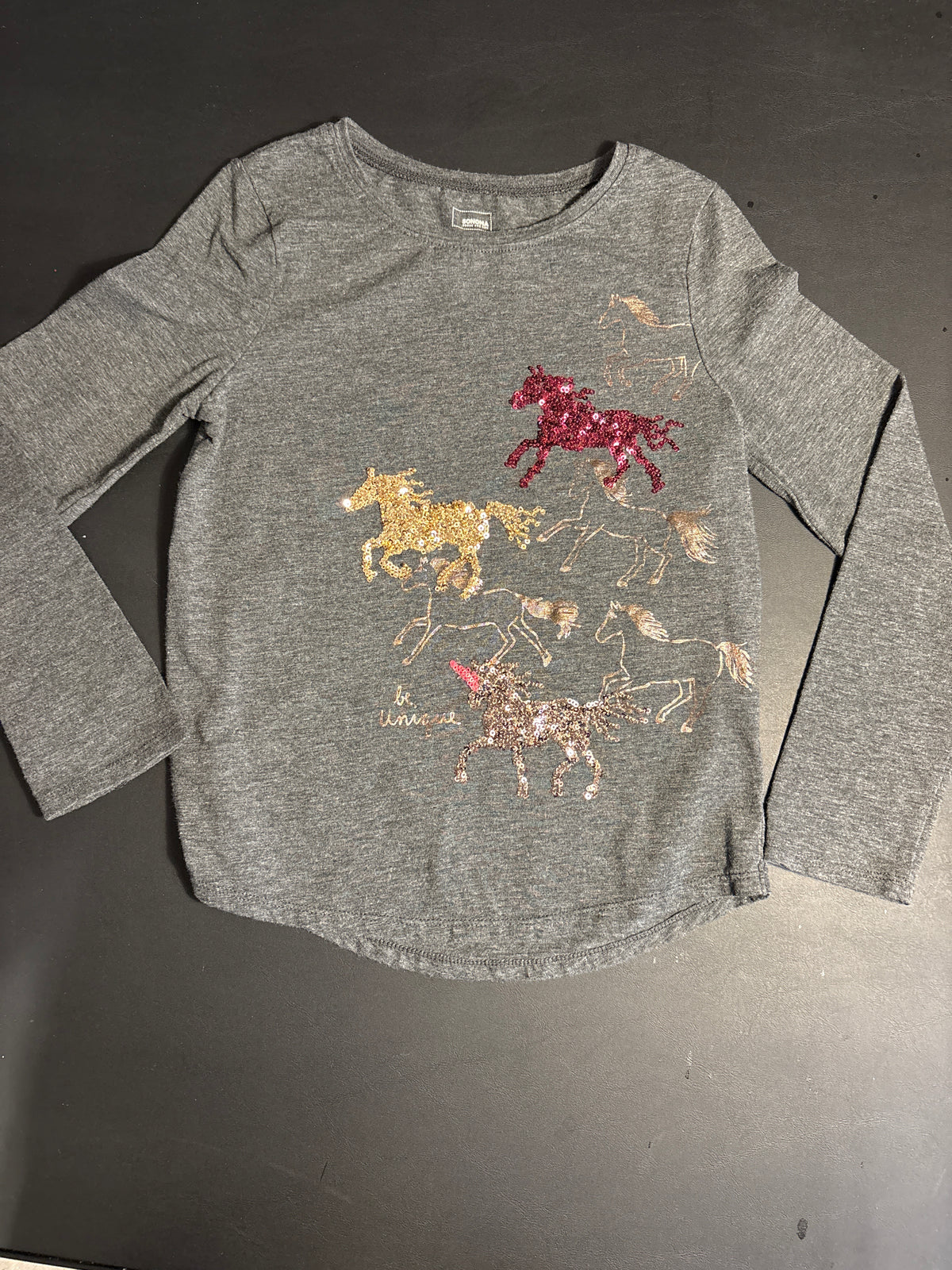 LS grey sequin horses be unique shirt - size Youth - 7 (S)