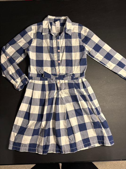 Carters blue plaid LS button up dress - size Youth - 7 (S)