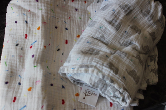 2 Muslin Blankets Elephants/Polka Dots