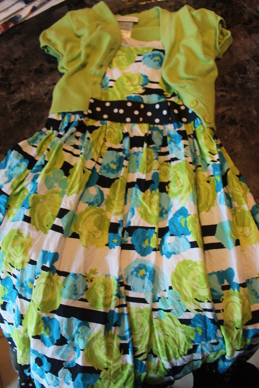 Green Flower Dress With Cardigan - size Youth - 7 (S)