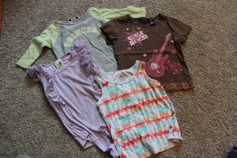 4 shirts: Guitar, stripe princess, purple - size Youth - 7 (S)