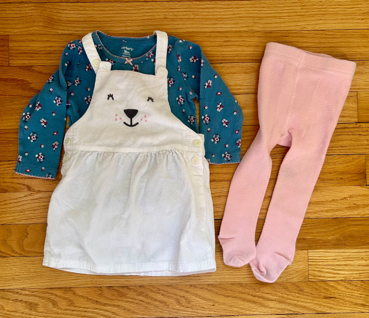 Carters corduroy dress, LS top, tights - size Month - 12-18 / 18M