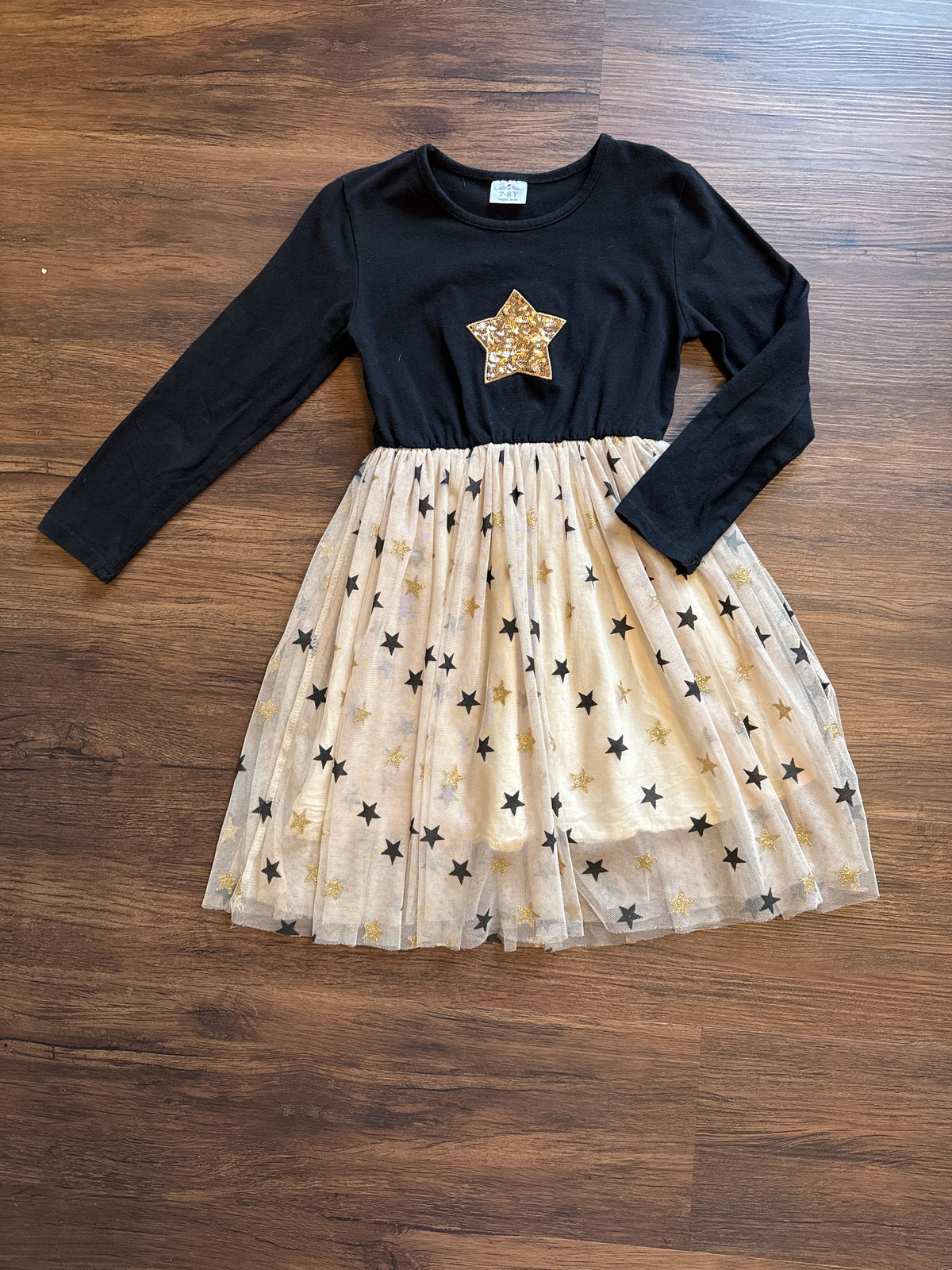 L/S star dress Black w gold tulle - size Youth - 8 (M)