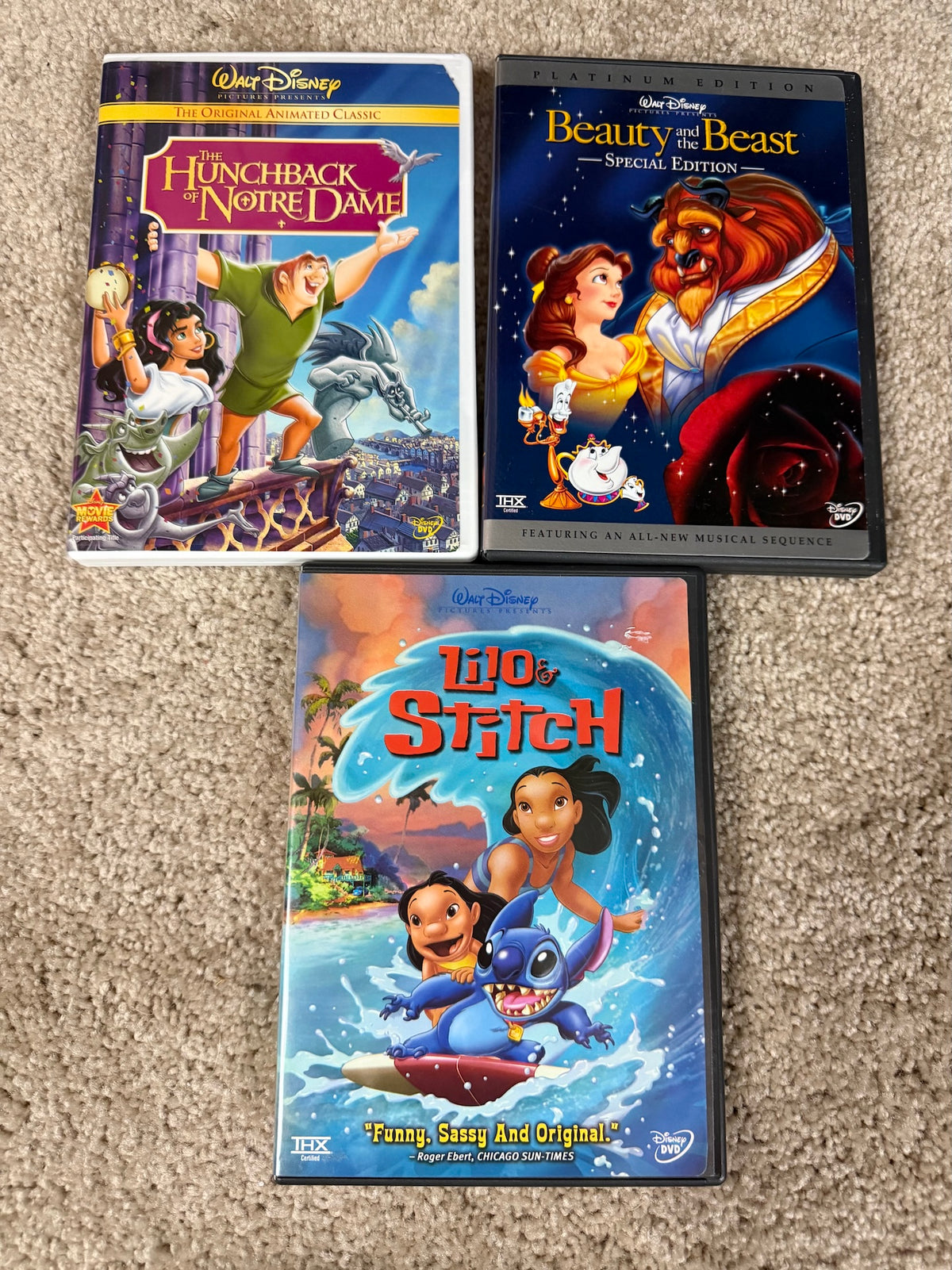 Disney DVDs (3): Belle, Hunchback, LiloStitch