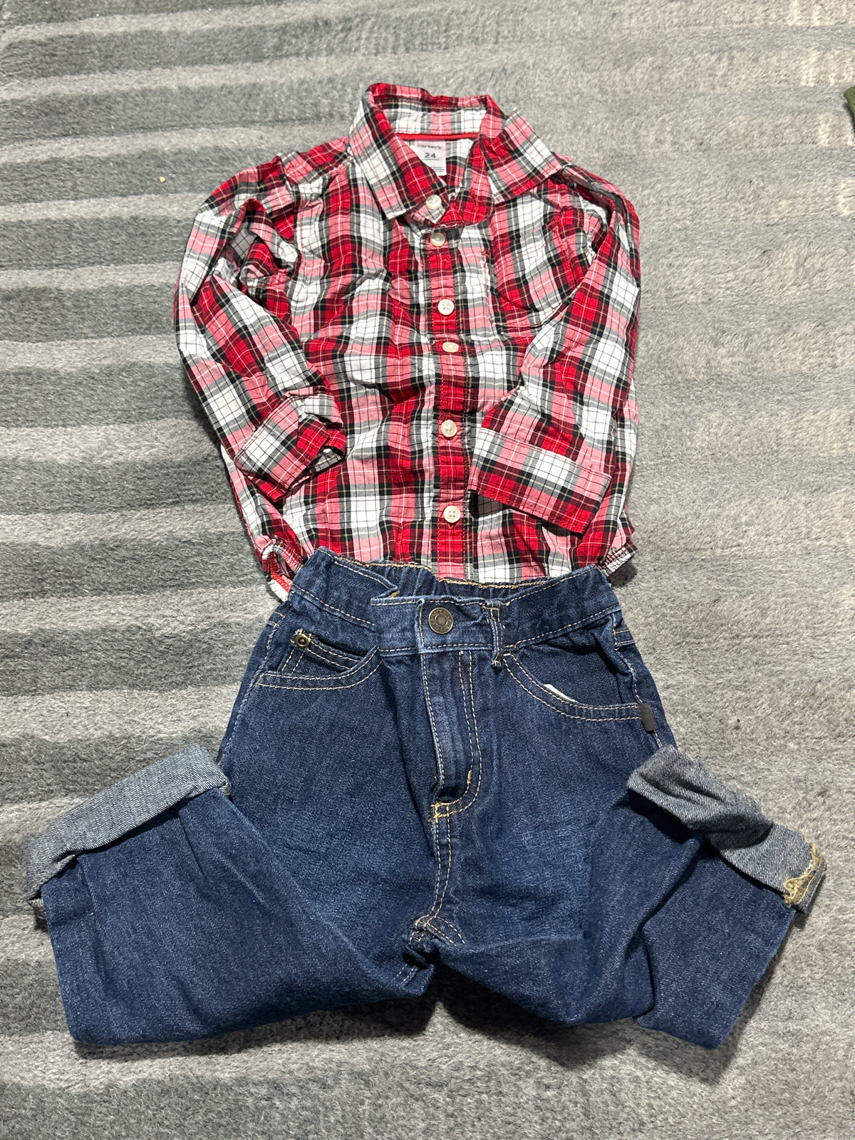 Red flannel onesie w/ Jeans - size Month - 18-24 / 24M