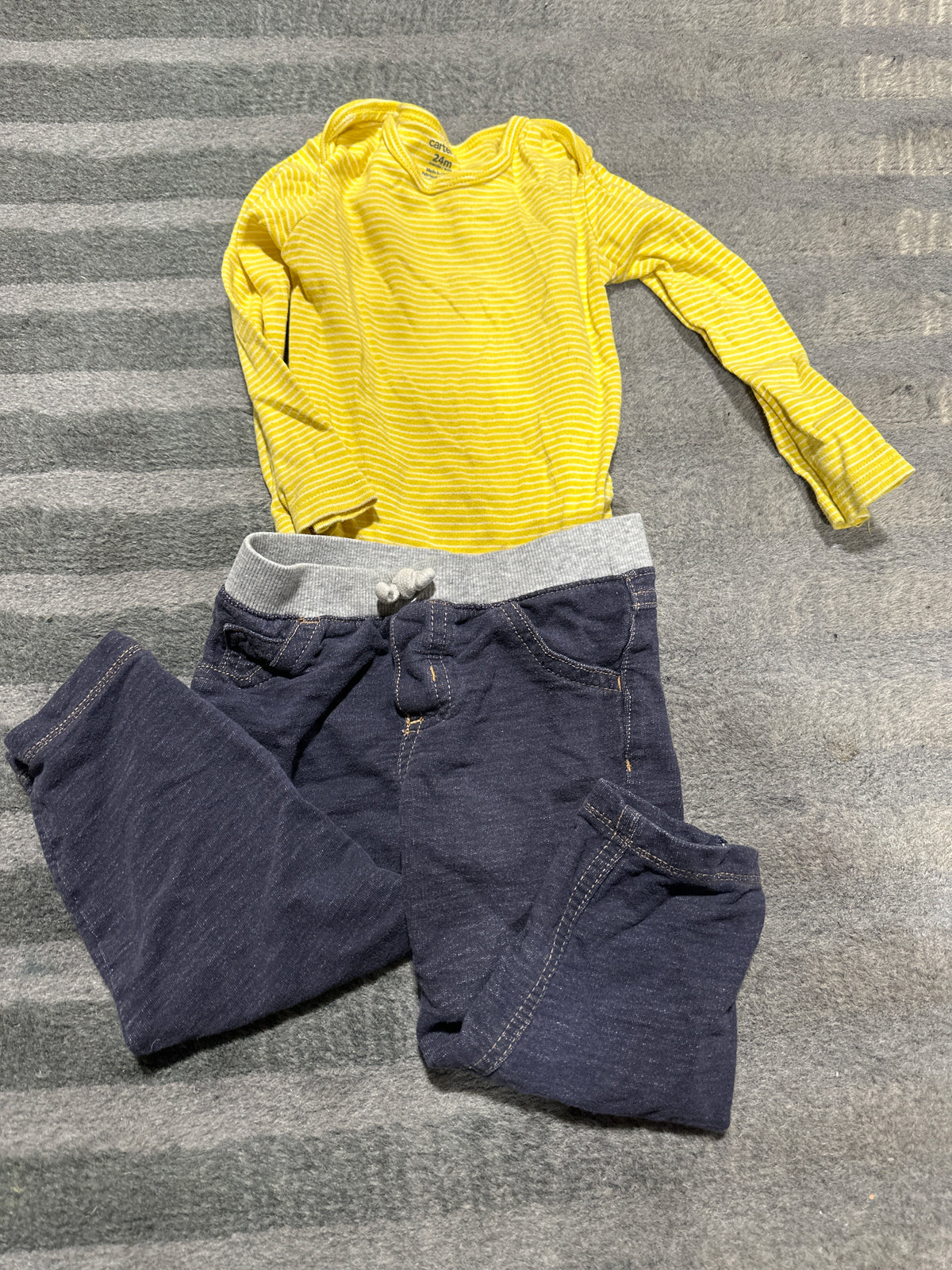 Yellow stripped onesie W/ jeans - size Month - 18-24 / 24M