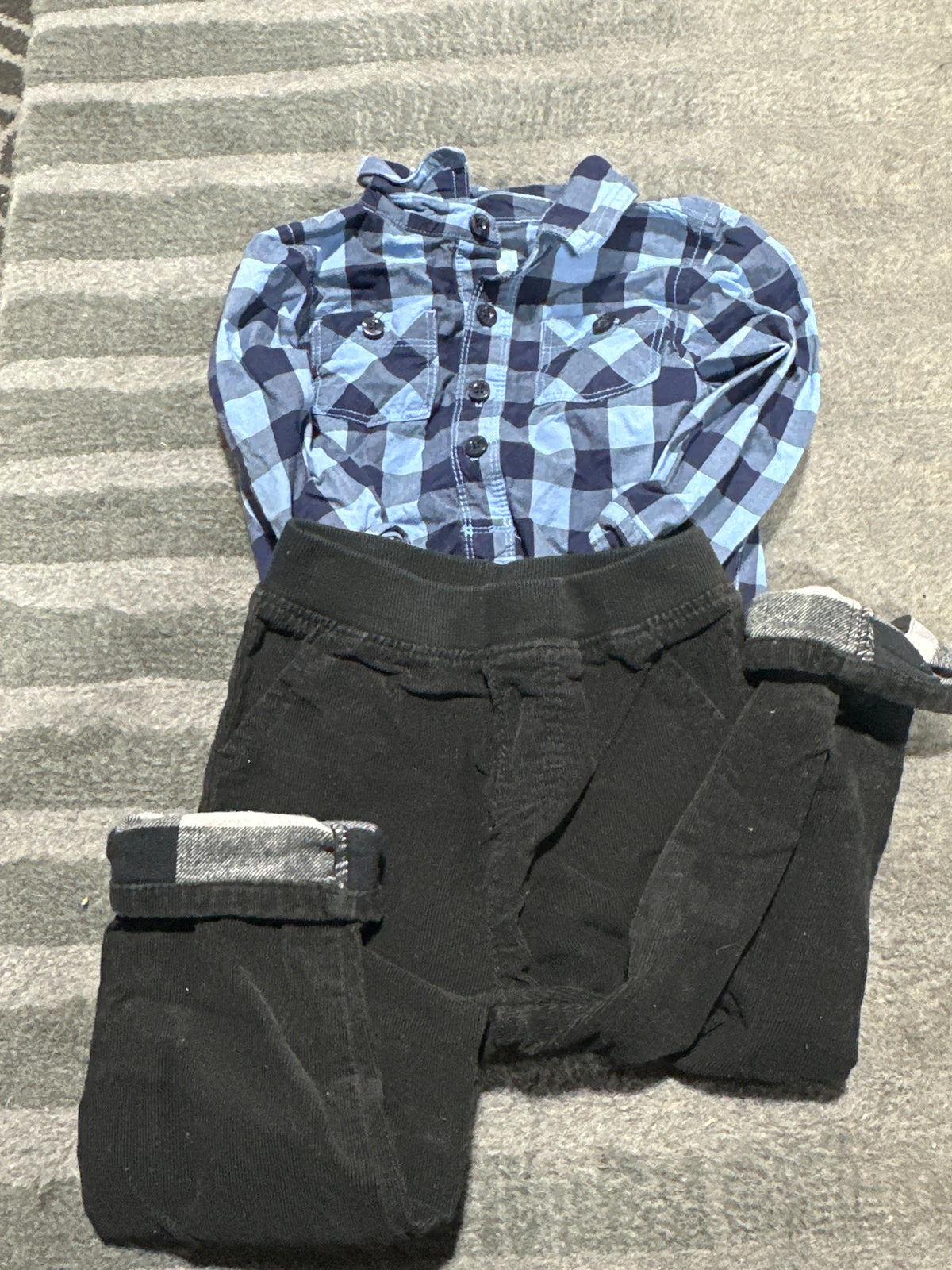 Blue flannel onesie w/ Black flannel jeans - size Month - 18-24 / 24M