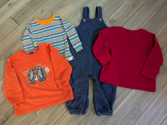 ON blue overalls + 3 Gap shirts: red, orange - size Month - 12-18 / 18M