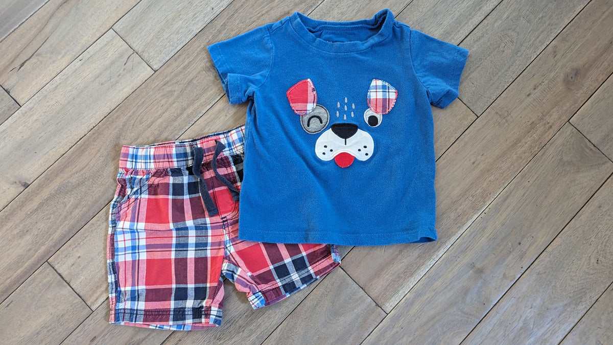 Blue shirt/plaid shorts: Patriotic dog - size Month - 9-12 / 12M