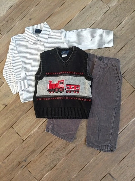 3-piece w/ train sweater vest, striped shirt, - size Month - 12-18 / 18M