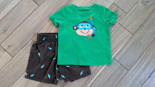 Carter's shirt/shorts: Green monkey, sharks - size Month - 9-12 / 12M