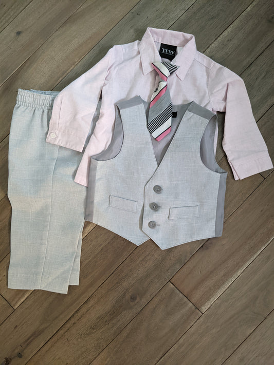 4-piece light gray suit w/ pink shirt, striped - size Month - 6-9 / 9M