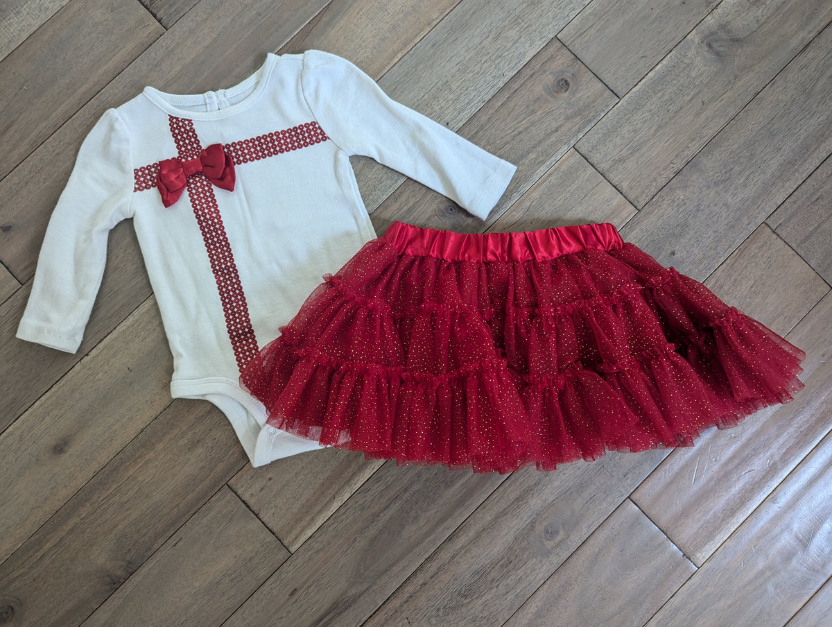 EUC white top/red skirt: Onesie w/ red ribbon, - size Month - 6-9 / 9M