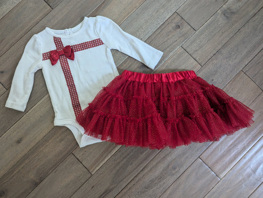 EUC white top/red skirt: Onesie w/ red ribbon, - size Month - 6-9 / 9M