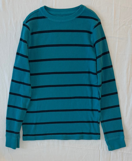 Turquoise w/navy blue striped long sleeve. EUC - size Youth - 8 (M)