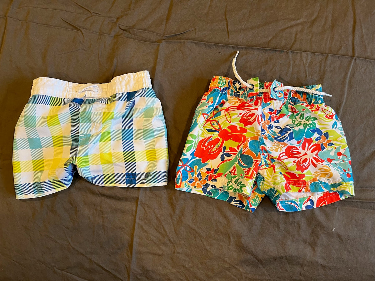 2x Boys Swim Trunks, 6M Two patterns, VGUC - size Month - 0-6