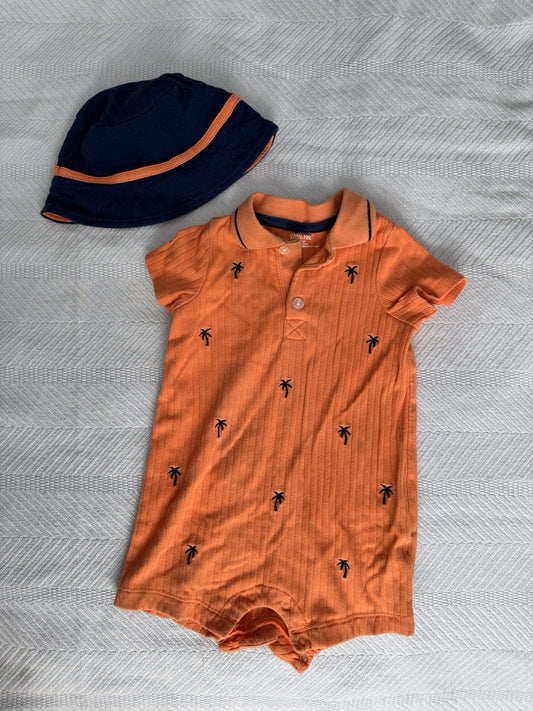 Summer Polo Romper & Hat 12M, Palm Print, VGUC - size Month - 9-12 / 12M
