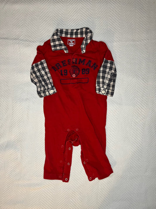 12M Red/Plaid LS Romper 100% Cotton, VGUC - size Month - 9-12 / 12M