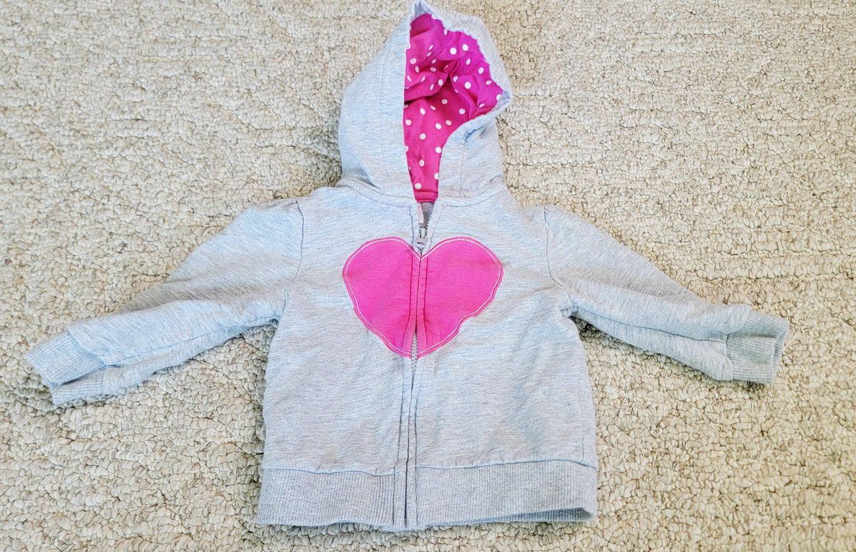 VGUC Carters 9m Gray Pink Heart Zip Hoodie - size Month - 6-9 / 9M
