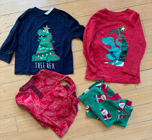 Holiday Lot, 4T, GUC 2 long sleeve ts + 2 PJs - size Toddler - 4T