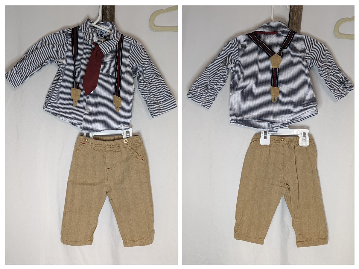 EUC 4pc, l/s blue/white striped button down, tan - size Month - 6-9 / 9M