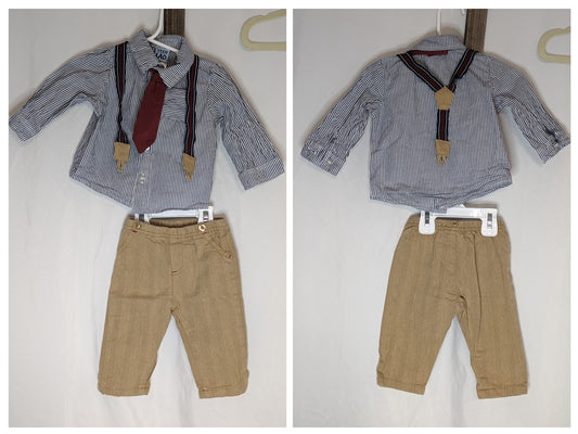 EUC 4pc, l/s blue/white striped button down, tan - size Month - 6-9 / 9M