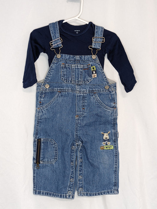 EUC Carter 2pc, l/s navy onesie, denim overalls - size Month - 9-12 / 12M