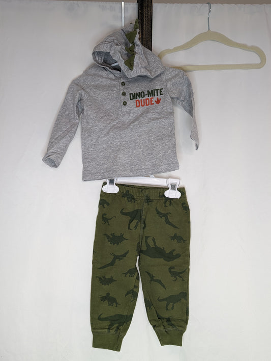 EUC Carter 2pc, l/s tee w/ hood-grey, green pant - size Month - 9-12 / 12M