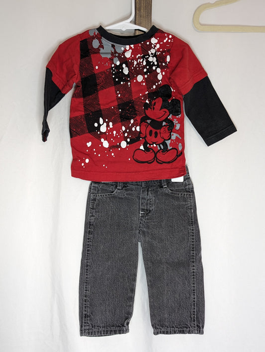 EUC 2pc, black denim jeans, l/s red and black - size Month - 6-9 / 9M