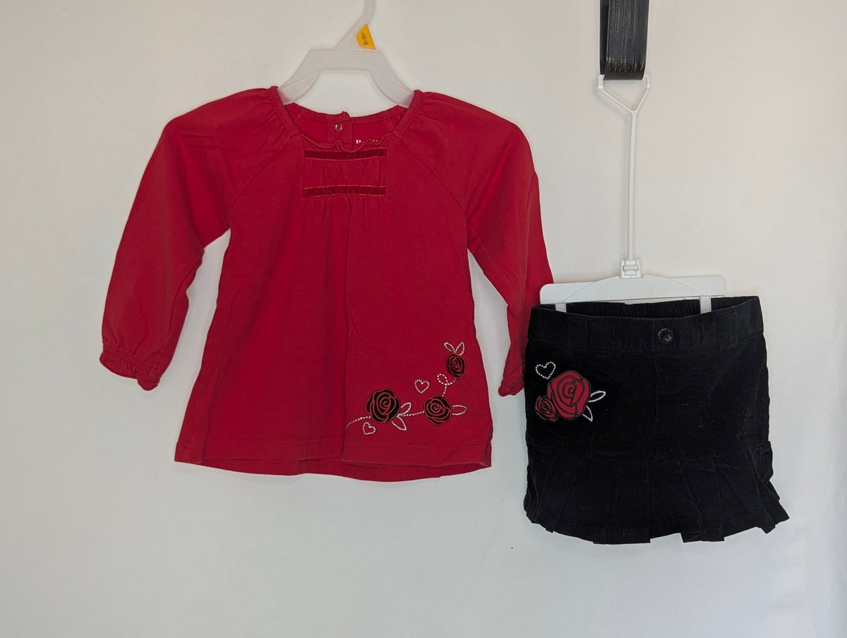 EUC 2pc, l/s red top w/ rose embroidery, black - size Month - 18-24 / 24M