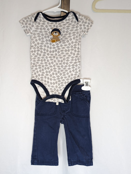 GUC 2pc, navy pants, s/s onesie, white/grey/navy - size Month - 6-9 / 9M