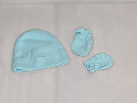EUC infant hat w/mitts, light blue, 100% cotton - size Month - 0-6