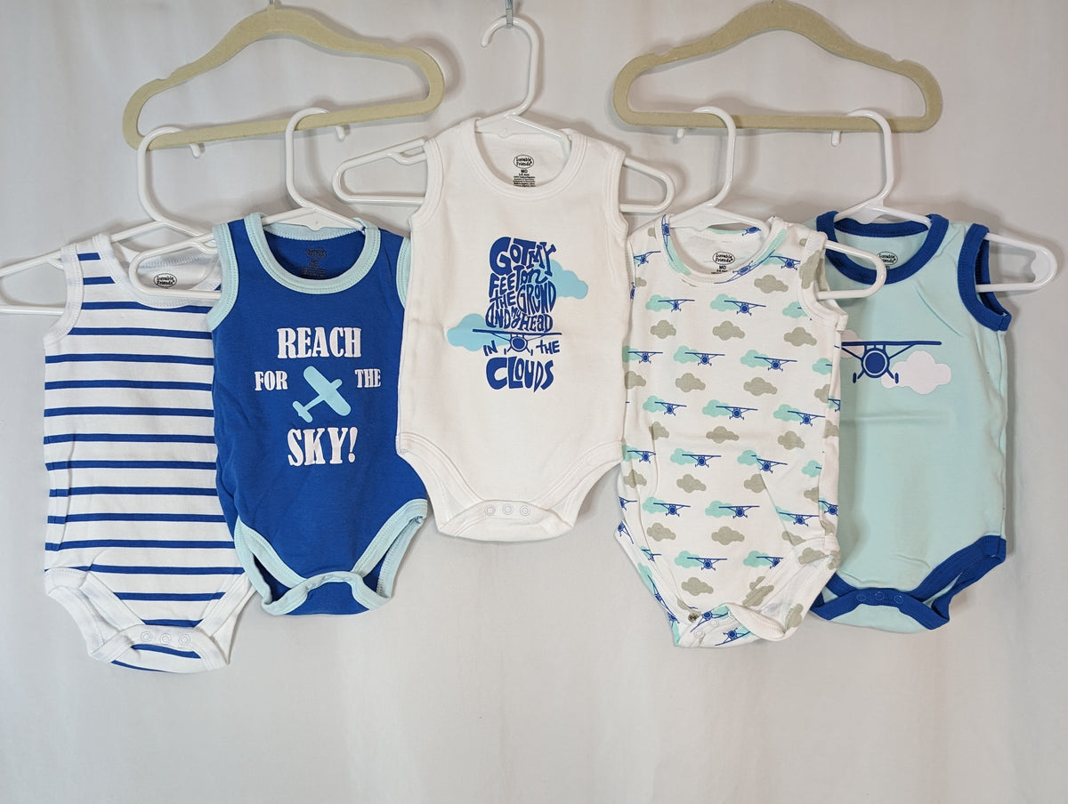 EUC set of 5 sleeveless onesies, plane-themed, - size Month - 3-6 / 6M