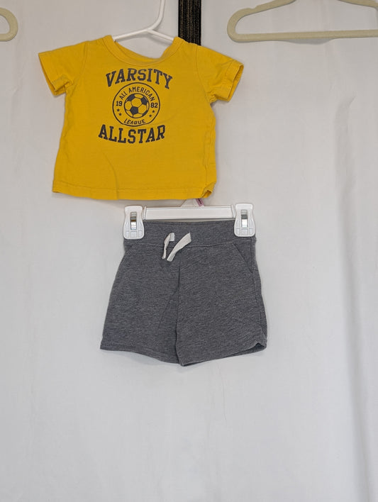 EUC 2pc, yellow s/s tee soccer all-star, grey - size Month - 3-6 / 6M
