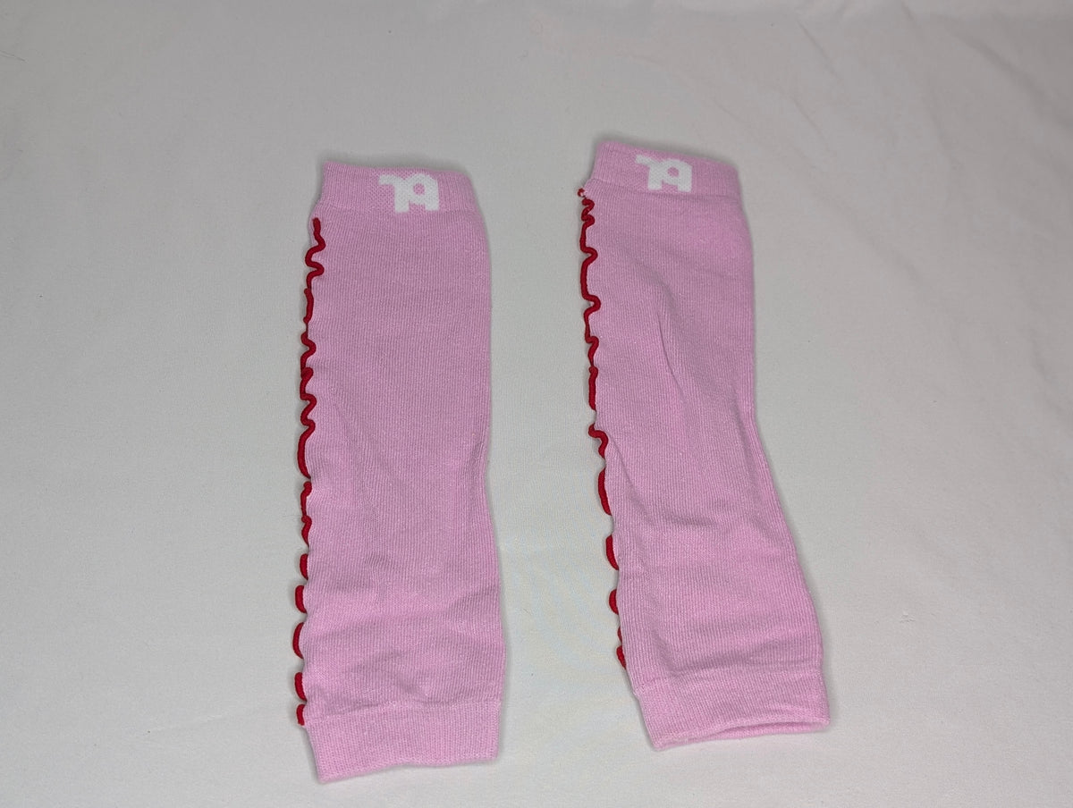 EUC leg warmers, pink w/ red ruffle, one size fit