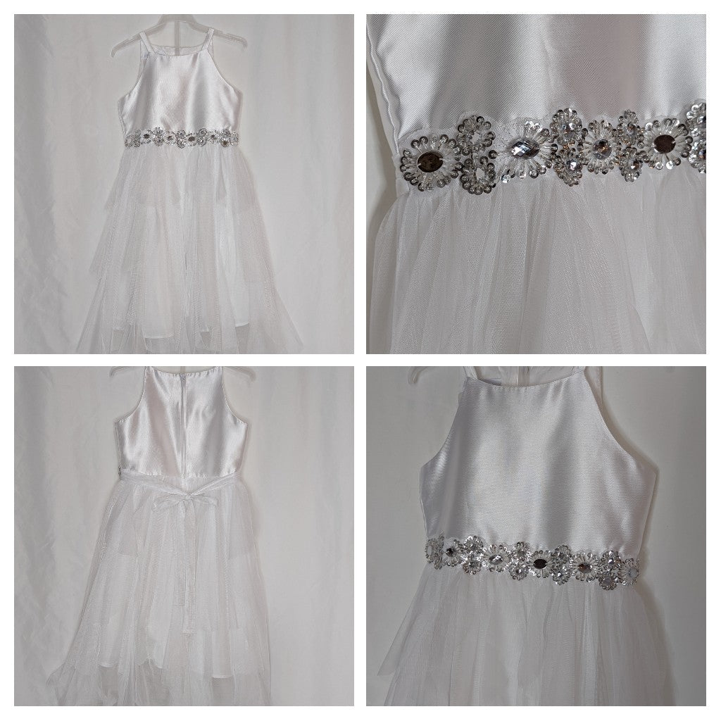 BonnieJean tulle & satin white dress, zip back, - size Youth - 7 (S)