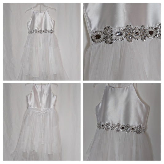 BonnieJean tulle & satin white dress, zip back, - size Youth - 7 (S)