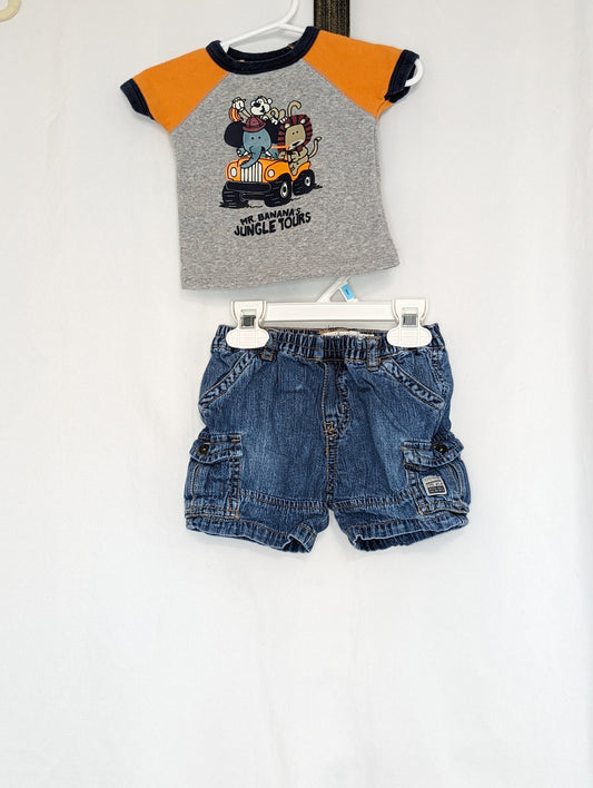 GUC 2pc, denim cargo shorts, s/s tee, grey/ - size Month - 3-6 / 6M
