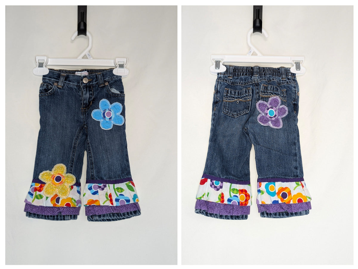 EUC ON Jeans embellished w/floral fabric ruffles - size Month - 12-18 / 18M