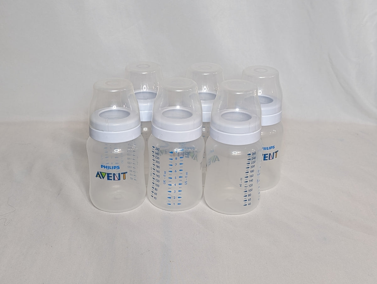 set of 6 Avent bottles, 9 ounces, includes cap,