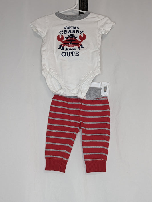 EUC Carter 2pc, red/grey pants, white s/s onesie - size Month - 3-6 / 6M