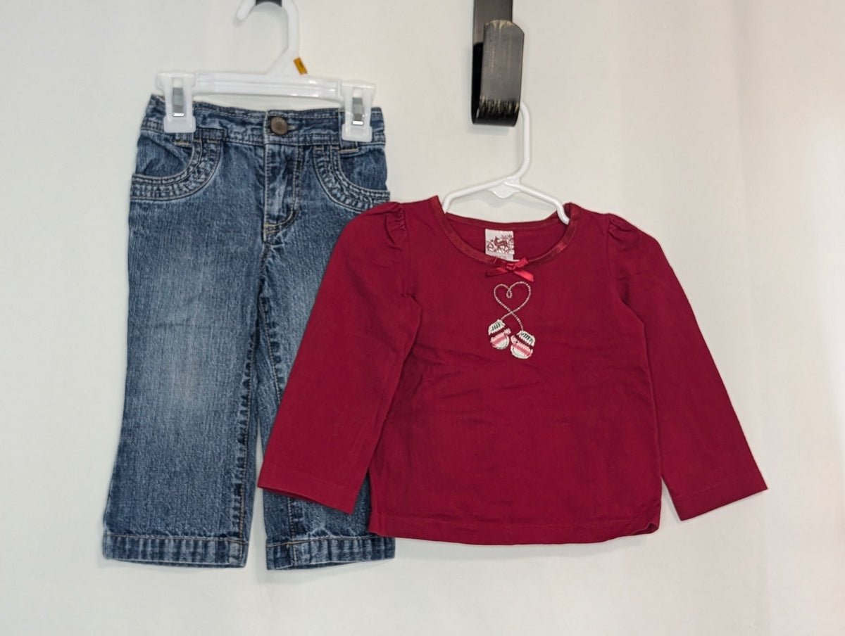 VGUC 2pc, l/s red tee w/ mittens, blue jeans - size Month - 12-18 / 18M